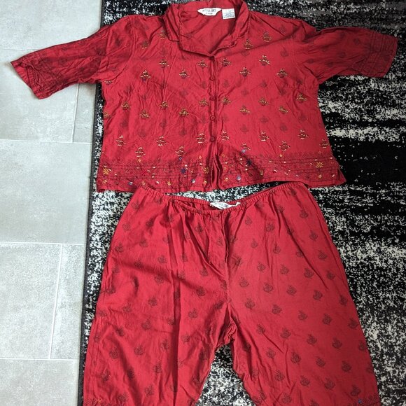 Victoria Jones Woman Embroidered Shirt Capri Pants Set Green Cotton Linen Blend - Picture 1 of 10